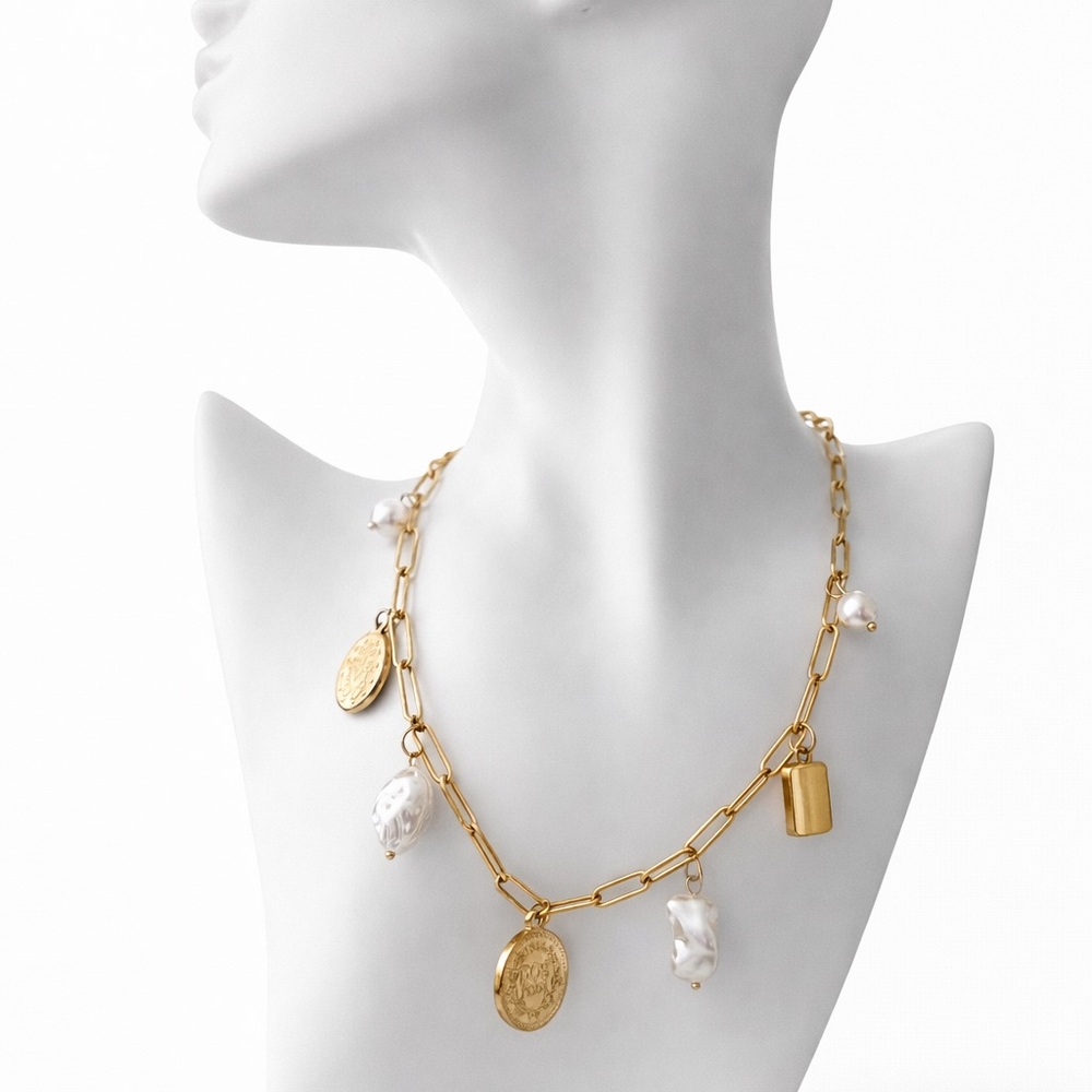 Adjustable 18K Gold Plated Charm Chain Necklace | Multi Charm Design